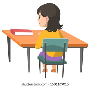 Education vector, isolated kid sitting by table with book. Female character student in classroom, wooden furniture and pupil on lessons, back to school concept. Flat cartoon