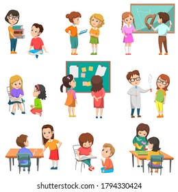 Education vector, isolated set of schoolchildren with teachers. Chemistry and geometry lessons, projects made in pairs, students reading books, back to school concept. Flat cartoon