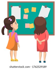 Education vector, kids looking on board with papers and pages. Blackboard with memos and notes. Girls getting knowledge in kindergarten, back to school concept. Flat cartoon