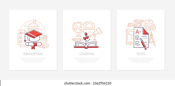 Education - vector line design style banners set with place for your text. Graduation, learning, tests ideas. Linear illustrations with icons. Academic cap, book and school supplies elements