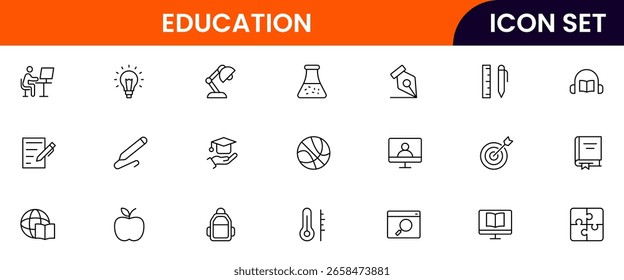 Education vector line icons featuring books, graduation caps, classrooms, teachers, students, online learning, diplomas, study tools, and knowledge sharing symbols.