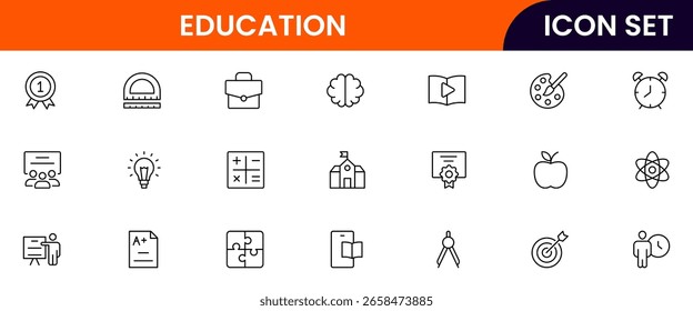 Iconos de línea de Vector de Educación con libros, gorras de graduación, aulas, profesores, estudiantes, aprendizaje en línea, diplomas, herramientas de estudio y símbolos para compartir conocimiento.