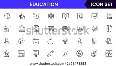 Education vector line icons featuring books, graduation caps, classrooms, teachers, students, online learning, diplomas, study tools, and knowledge sharing symbols.