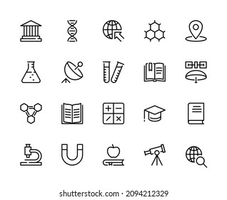 Education vector linear icons. Geography,  history, chemistry, physics, biology, mathematics, astronomy, literature and much more. Isolated collection of education icons for websites.