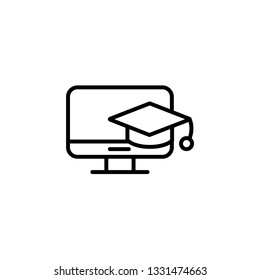 Education vector linear style symbol icon- education cap hanging on the monitor