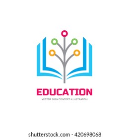 Education vector logo concept illustration. School sign. Stylized book and digital network tree. 