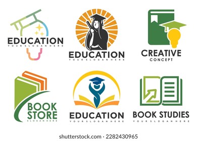 Conjunto de logotipos del vector de educación. Este diseño utiliza una lámpara de libro, de personas y de bombilla. Adecuado para el aprendizaje.