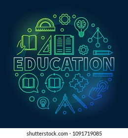 Ilustración de concepto colorido redondo de Vector de Educación en estilo de línea delgada sobre fondo oscuro