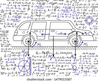 Education vector seamless pattern with car and handwritten physics formulas