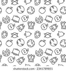 Education vector seamless pattern. Texture background with thin line icons. Black outline symbols of school on white background. Seamless vector pattern for web design, printable product, mobile app.