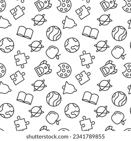 Education vector seamless pattern. Texture background with thin line icons. Black outline symbols of school on white background. Seamless vector pattern for web design, printable product, mobile app.