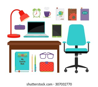 Education vector set: desk, chair, books, lamp