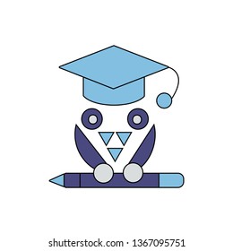 Education vector symbol icon- owl bird with education cap and pencil