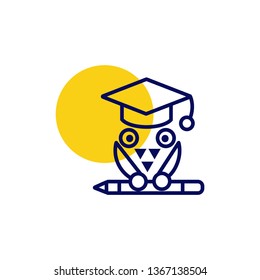 Education vector symbol icon- owl bird with education cap and pencil
