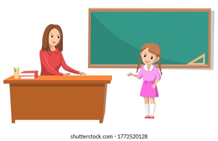 Education Vector, Teacher And Pupil Standing By Blackboard With Ruler. Lesson Teaching New Material And Revising Old Subjects. Tutor And Student, Back To School Concept. Flat Cartoon