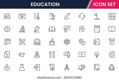 Coleção de ícones da linha da web do vetor da educação, ilustrações elegantes de livros, diplomas, e-learning, conhecimento para inspirador, projetos acadêmicos.