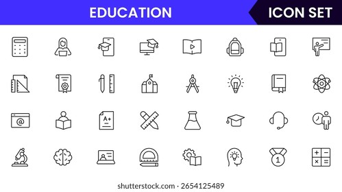 Coleção de ícones da linha da web do vetor da educação, ilustrações elegantes de livros, diplomas, e-learning, conhecimento para inspirador, projetos acadêmicos.