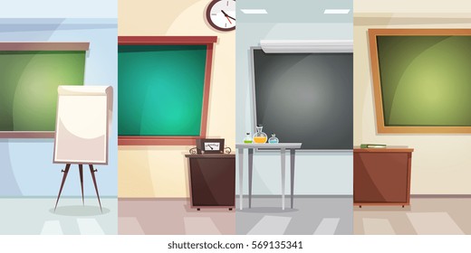 Education vertical banners with school classrooms for different lessons in flat style vector illustration