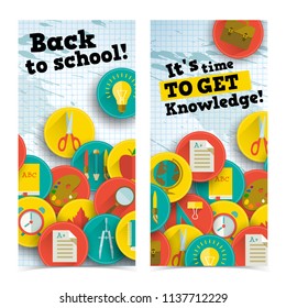 Education vertical banners with school supplies icons in circles ink stains on paper sheet isolated vector illustration
