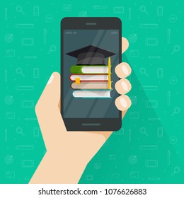 Educación a través del Vector del teléfono móvil, persona plana de dibujos animados smartphone libros digitales y sombrero, idea o estudio en línea, Biblioteca e-reader, App de aprendizaje electrónico, aprendizaje e-reader a través del teléfono celular, enseñanza