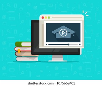 Education Via Online Video On Computer Vector Illustration, Flat Cartoon Desktop Pc And Video Webinar Courses, Concept Internet Learning, Digital Distance Study, Web Tutorial