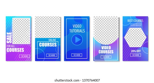 Education via Online Video on Computer Vector Illustration. Webinar courses, Concept Internet Learning, Digital Distance Study, Web Tutorial Set of Template Banners. Educational materials.