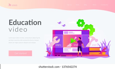 Education video, modern teaching tool, interactive learning and video tutorial concept. Website homepage interface UI template. Landing web page with infographic concept hero header image.