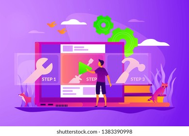 Education video, modern teaching tool, interactive learning and video tutorial concept. Vector isolated concept illustration with tiny people and floral elements. Hero image for website.
