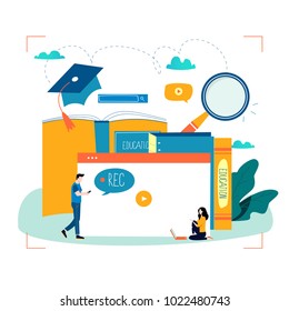 Education, video tutorial, webinar, training courses, distance education flat vector illustration. Internet studying, online book, e-learning, online education design for mobile and web graphics