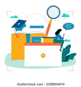 Education, video tutorial, webinar, training courses, distance education flat vector illustration. Internet studying, online book, e-learning, online education design for mobile and web graphics