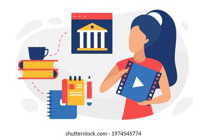 Education video tutorials, webinar for studying vector illustration. Cartoon woman student character and video player window, educational items, books notebooks and pencils to study isolated on white