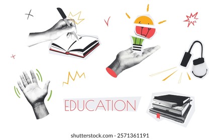 Education vintage collage conception set in retro halftone design. Collection with hands holding new idea light bulb, writing homework at notebook, learning and reading books. Vector illustration.