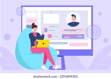 Education violet concept with people scene in the flat cartoon design. Teacher conducts an online lesson for the student. Vector illustration.