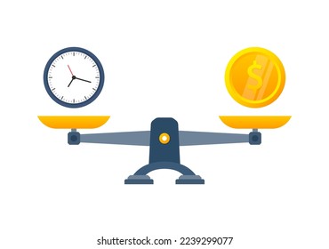 Education vs time on scales icon. Money and time balance on scale