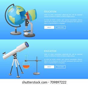 Education web banner with geography and astronomy classes informative Internet page with globe model and powerful telescope vector illustrations.