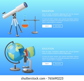Education web banner with geography and astronomy classes informative Internet page with globe model and powerful telescope vector illustrations.