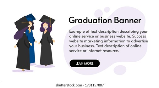 Education web banner with group student graduates in gown and academic hats. Female university cartoon character pupils in uniforms celebrating. Flat modern poster vector illustration design