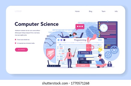 IT education web banner or landing page. Student write software and create code for computer. Coding script for project and app. Vector illustration.
