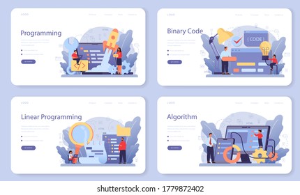 IT education web banner or landing page set. Student write software and create code for computer. Digital technology for website, interface and devices. Vector illustration.