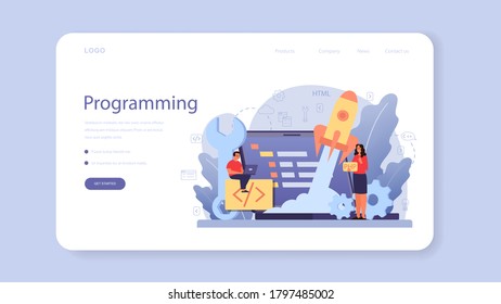 IT education web banner or landing page. Student write software and create code for computer. Digital technology for website, interface and devices. Vector illustration.