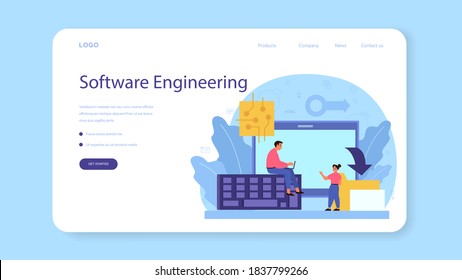 IT education web banner or landing page. Student write software and create code for computer. Digital technology for website, interface and devices. Vector illustration.