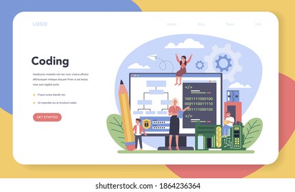 IT education web banner or landing page. Student write software and create code for computer. Digital technology for website, interface and devices. Vector illustration.
