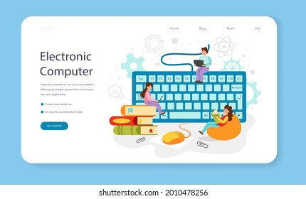 IT education web banner or landing page. Student write software and create code for computer. Coding script for project and app. Digital technology for website interface. Vector illustration.