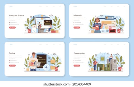 IT education web banner or landing page set. Student write software and create code for computer. Coding script for web project and app. Vector illustration.