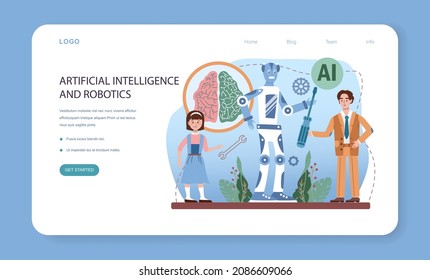 IT education web banner or landing page. Students learning about algorithms, ai and computers, scripts and data structure. Computer science and technology. Flat vector illustration.