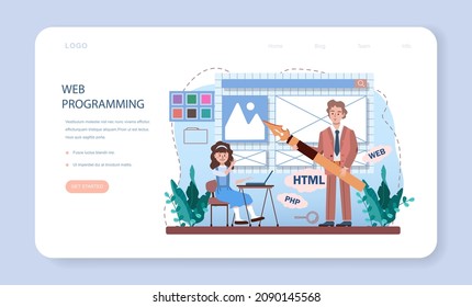 IT education web banner or landing page. Students learn programming, write software and encode script for computer. Computer science and technology. Flat vector illustration.