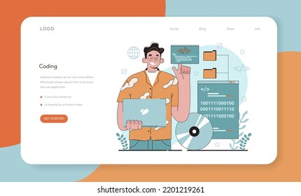 IT education web banner or landing page. Student write software and create code for computer. Coding script for project and app. Digital technology for website interface. Vector illustration.
