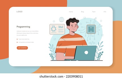IT education web banner or landing page. Student write software and create code for computer. Coding script for project and app. Digital technology for website interface. Vector illustration.