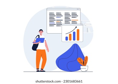 Concepto web educativo con escena de personajes. Estudiante adolescente haciendo deberes en la laptop y estudiando en la escuela. La gente se encuentra en un diseño plano. Ilustración vectorial para material de marketing en medios sociales.