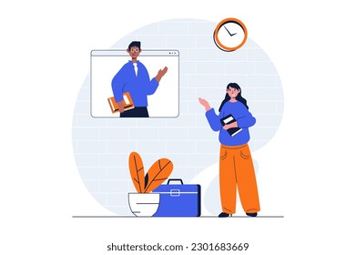 Education web concept with character scene. Student listening webinar with teacher and studying online. People situation in flat design. Vector illustration for social media marketing material.